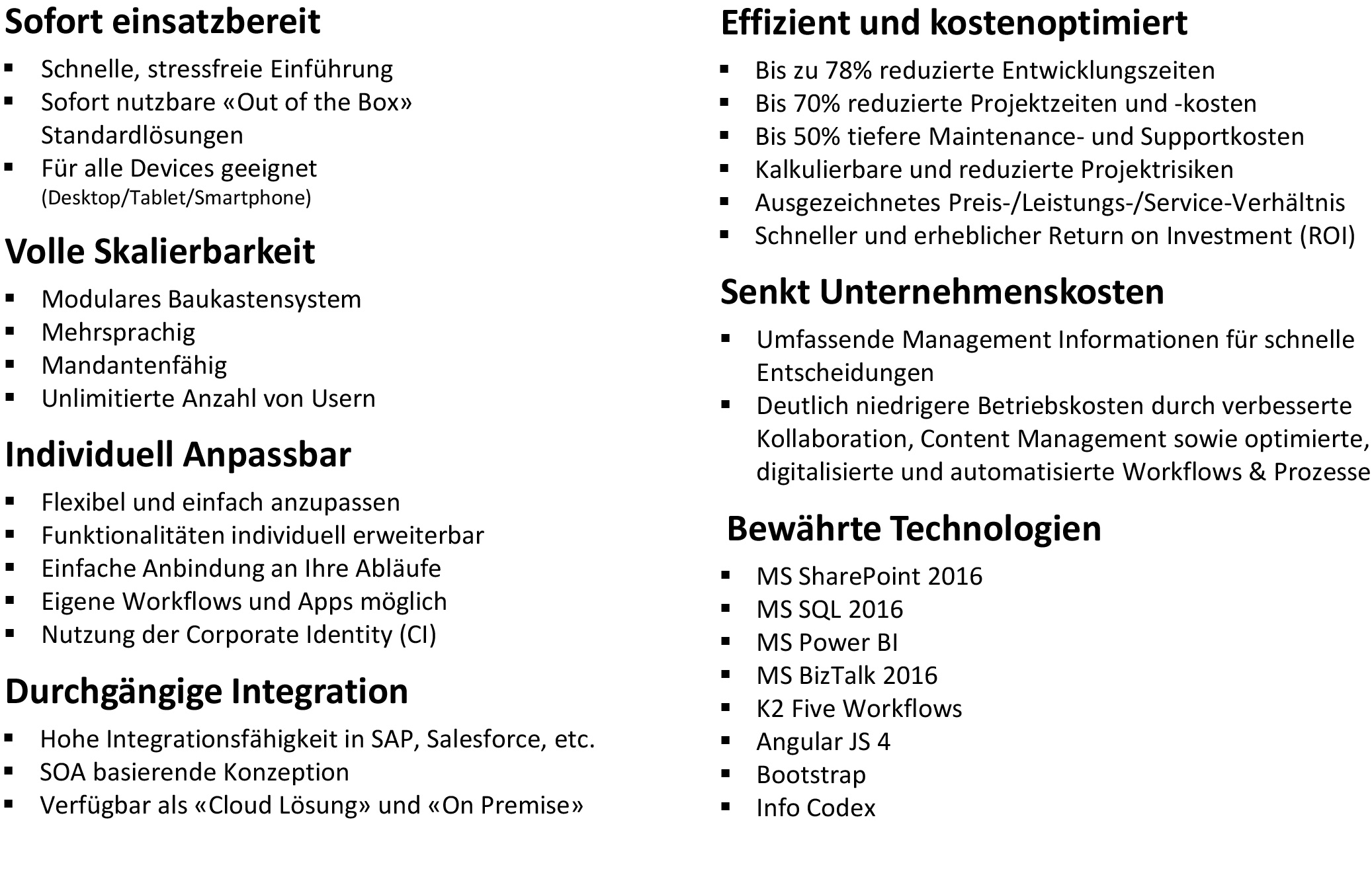 Tabelle mit Auflistung der Vorteile von Xingate